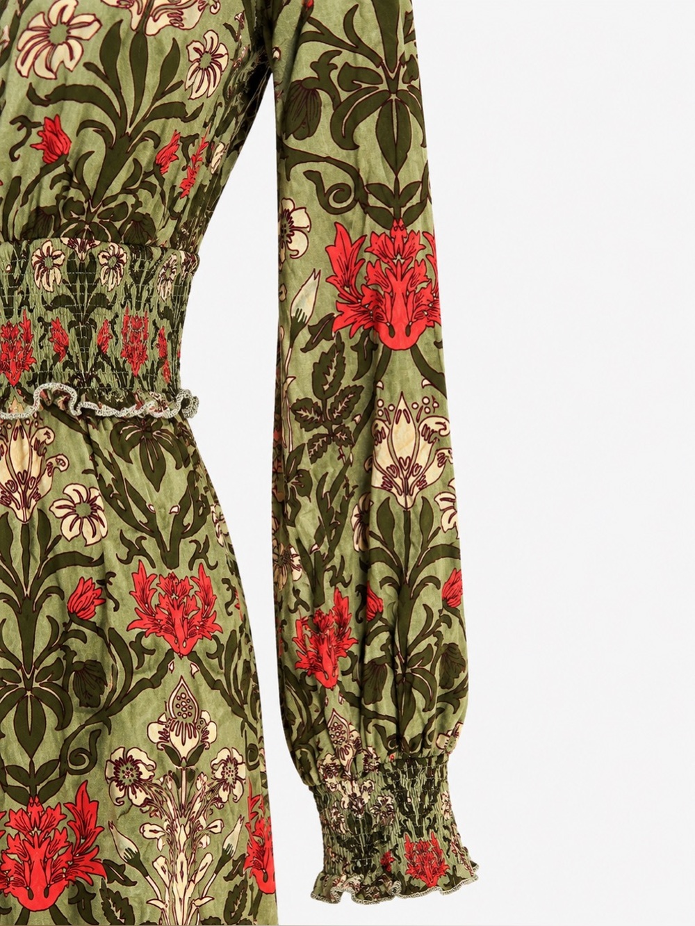 Boho Botanical Floral Smocked Waist Midi Dress Cottagecore Prairie Olive XS - Picture 5 of 7